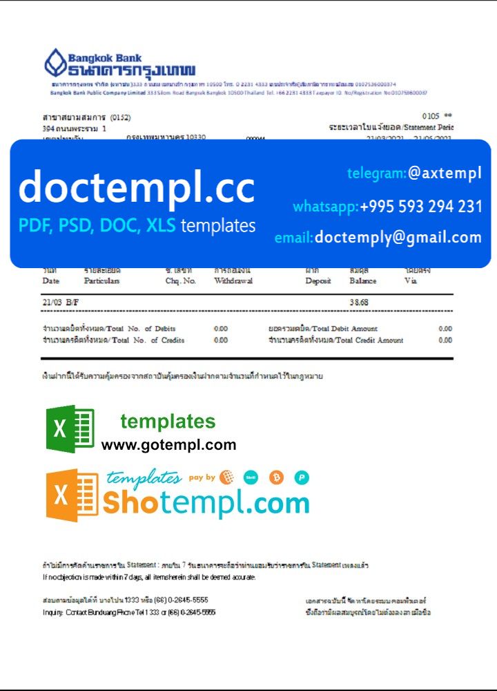 Thailand Bangkok bank account statement template in Excel and PDF format