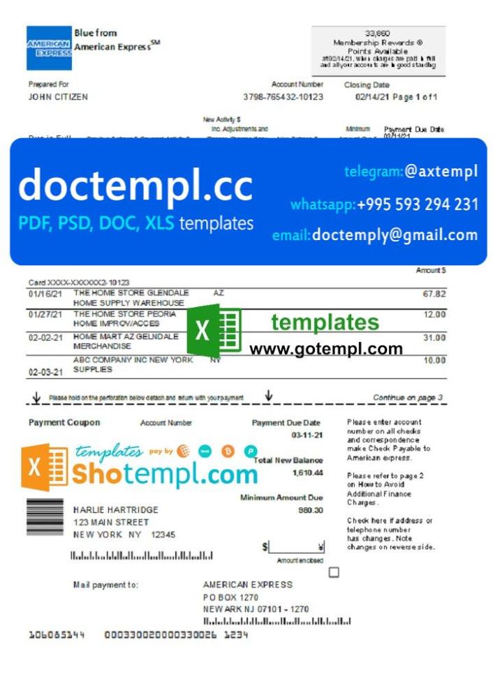 USA New York American Express Blue bank statement in Excel and PDF format