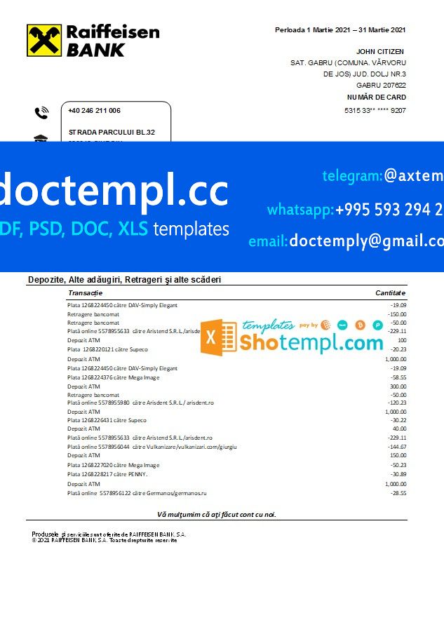 Romania Raiffeisen bank statement template in Excel and PDF format (in Romanian language)