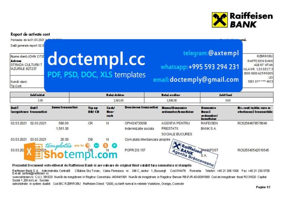 Romania Raiffeisen bank statement template in Excel and PDF format
