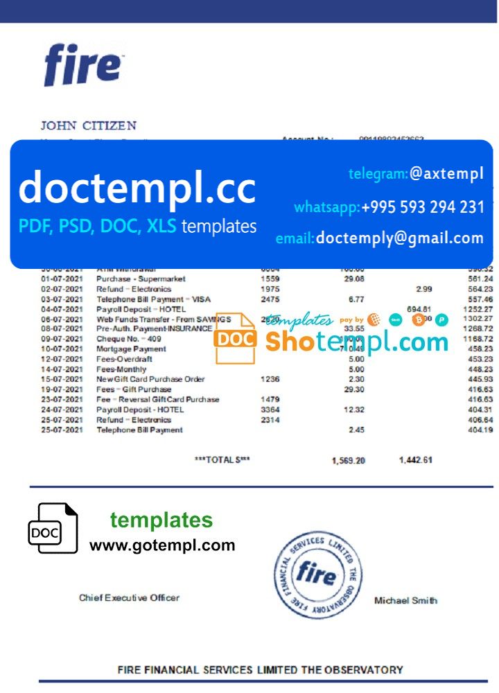 Ireland Fire Financial Services Limited account statement template in Word and PDF format