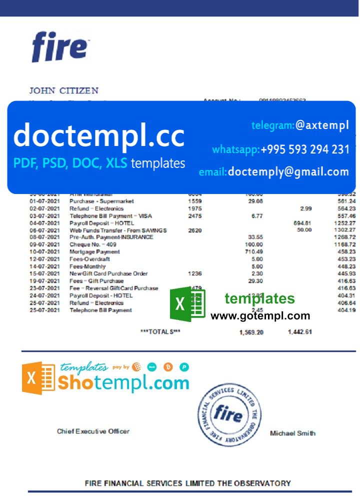Ireland Fire Financial Services Limited account statement template in Excel and PDF format