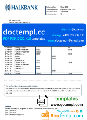 Turkmenistan HalkBank bank statement template, Word and PDF format (.doc and .pdf)