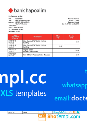 Israel Bank Hapoalim proof of address bank statement template in Word and PDF format