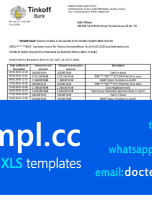 Russia Tinkoff bank proof of address statement (English version) template in Word and PDF format