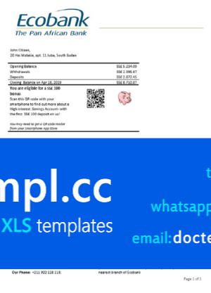 South Sudan Ecobank proof of address bank statement template in Word and PDF format