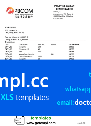 Philippines Bank of Communications proof of address bank statement template in Word and PDF format