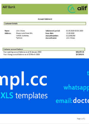 Tajikistan Alif Bank statement template, Word and PDF format (.doc and .pdf)