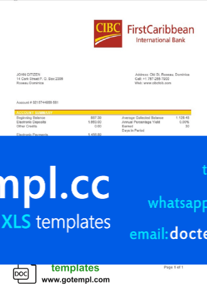 Dominica CIBC First Caribbean International Bank proof of address statement template in Word and PDF format