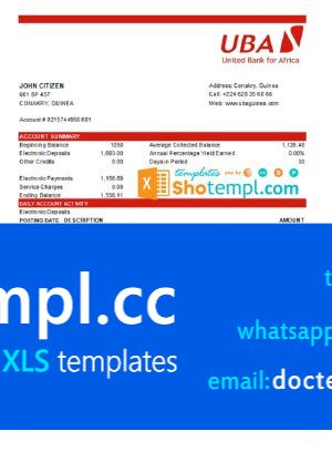 Guinea UBA Bank statement template in Excel and PDF format