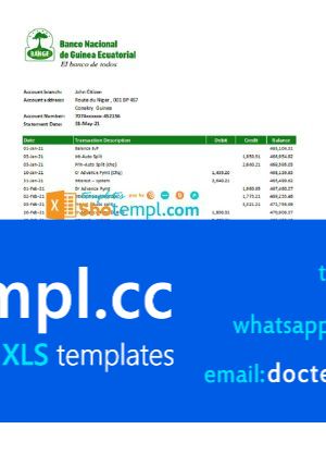 Equatorial Guinea The National Bank statement easy to fill template in Excel and PDF format