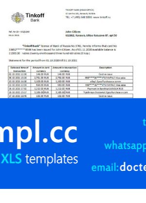 Russia Tinkoff bank proof of address statement (English version) template in Excel and PDF format