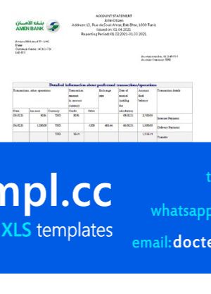 Tunisia Amen Bank statement easy to fill template in .xls and .pdf file format