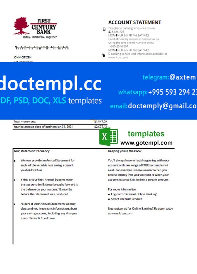 USA Georgia Gainesville First century bank statement template in .xls and .pdf file format