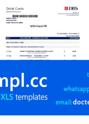 Thailand DBS bank statement easy to fill template in .xls and .pdf file format