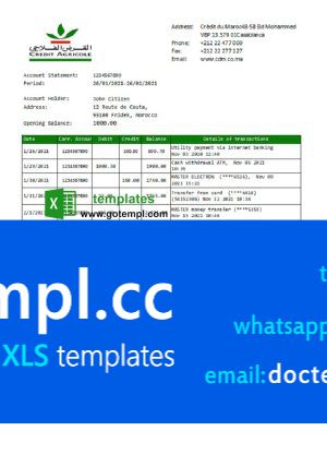 Morocco Credit Agricole Bank statement template in Excel and PDF format