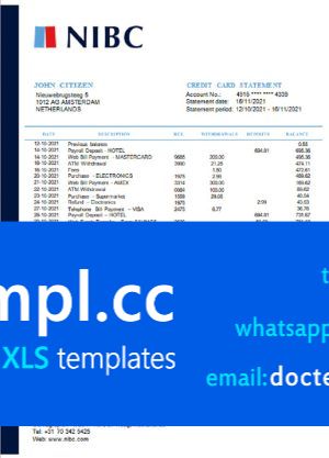 Netherlands NIBC Bank statement easy to fill template in Word and PDF format