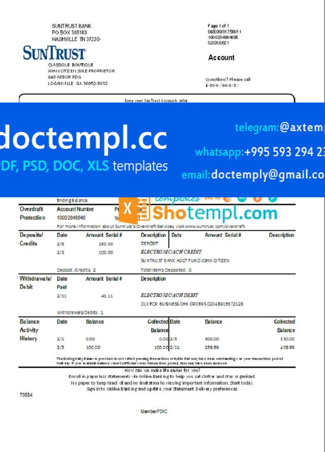 USA Georgia SunTrust bank proof of address statement template in .xls and .pdf format