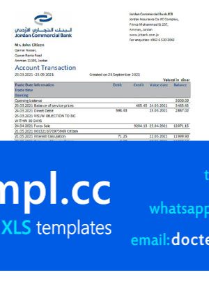 Jordan Commercial Bank JCB bank statement easy to fill template in .xls and .pdf file format