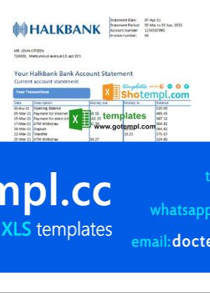 Turkmenistan Halkbank Bank statement easy to fill template in .xls and .pdf file format