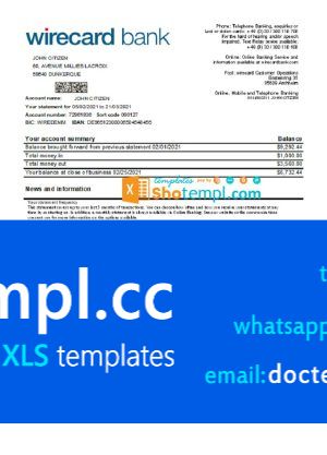 Germany Aschheim Wirecard bank statement easy to fill template in Excel and PDF format