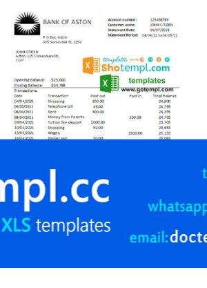 United Kingdom Bank of Aston bank statement easy to fill template in Excel and PDF format