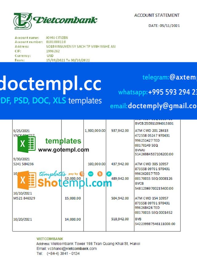 Vietnam Vietcombank bank statement easy to fill template in .xls and .pdf file format