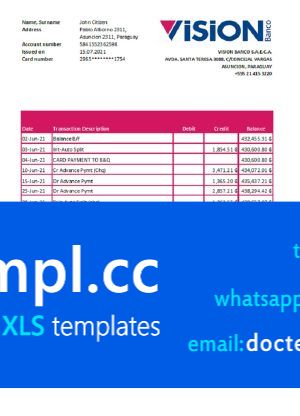 Paraguay Vision Banco bank statement easy to fill template in Excel and PDF format