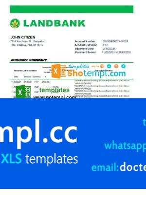 Philippines Land Bank of the Philippines bank statement easy to fill template in Excel and PDF format