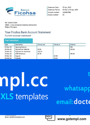 Nicaragua Banco Ficohsa bank proof of address statement template in Word and PDF format, .doc and .pdf format