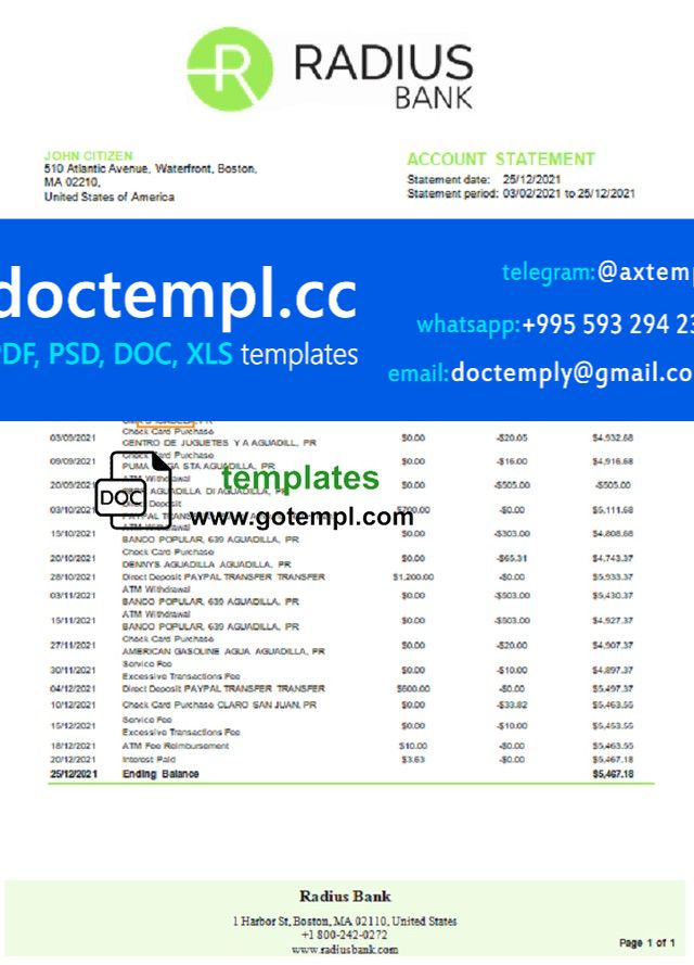 USA Massachusetts Radius Bank statement template in Word and PDF format