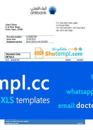 Qatar Ahlibank proof of address bank statement template in Word and PDF format, .doc and .pdf format