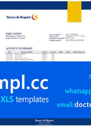 Colombia Banco de Bogotá bank statement template in Word and PDF format