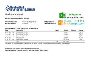 Thailand Bangkok bank statement easy to fill template in Excel and PDF format