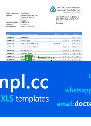 Tajikistan The First MicroFinance (FMFB) Bank statement template in .xls and .pdf file format