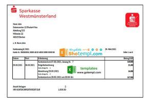 Germany Sparkasse Westmunsterland proof of address bank statement template in Excel and PDF format