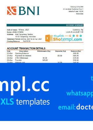 Indonesia Bank Negara Indonesia (BNI) bank statement easy to fill template in Excel and PDF format