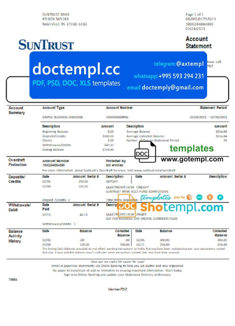 USA Georgia SunTrust bank proof of address statement template in .doc and .pdf format