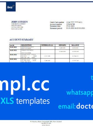 New Zealand BNZ Greymouth bank statement template in Word and PDF format