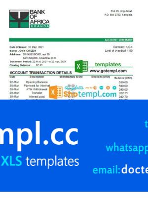 Uganda Bank of Africa bank statement template in .xls and .pdf file format