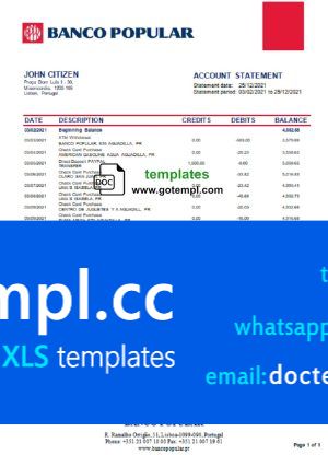 Portugal Banco Popular bank statement in Word and PDF format