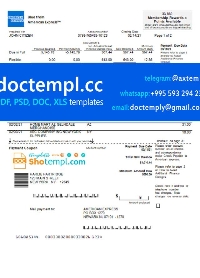 USA New York American Express Blue bank statement in Word and PDF format