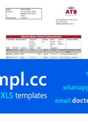 Tunisia ATB Bank statement easy to fill template in Excel and PDF format