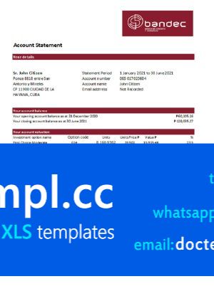 Cuba Bandec Banco de Credito y Comercio bank statement easy to fill template in .xls and .pdf file format