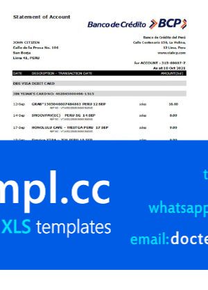 Peru Banco de Credito del Peru (BCP) bank statement easy to fill template in Excel and PDF format