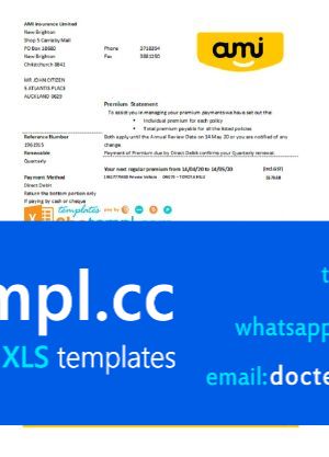 New Zealand Ami Insurance Limited bank statement template in Excel and PDF format