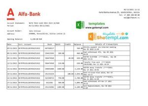 Russia Alfa bank statement easy to fill template in .xls and .pdf file format