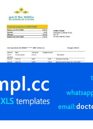 Nepal Kumari Bank statement template in Excel and PDF format