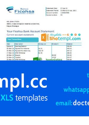 Nicaragua Banco Ficohsa bank statement easy to fill template in Excel and PDF format