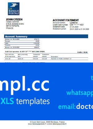 France La Banque Postale bank statement template in Word and PDF format